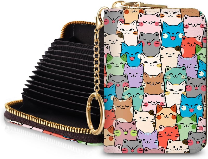 Blusabaca RFID Credit Card Holder Wallets for Women, Small Cat Card Case Wallet with Removable Keychain and Zipper, Leather Card Holder Pocket Business Card Accordion Wallet - Image 1